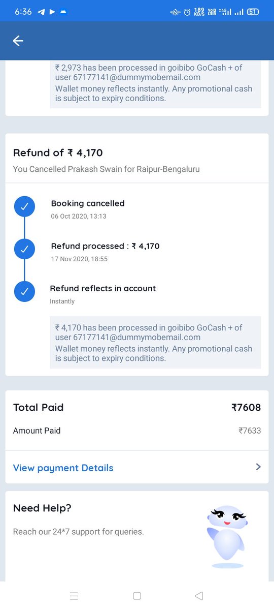 jyotiSwain15's tweet photo. This is the discrepancy done by goibibo as I have booked flight in  April due to covid it got cancelled the airline refunded the entire amount to goibibo. The amount of 4170 is still pending and there is no contact number for customer support please help @goibibo https://t.co/4u7r5xw64g
