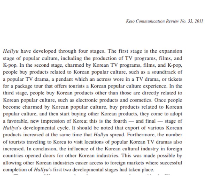 Menurut Kim (2011), Hallyu berkembang dlm 4 fase :1st stage -> Ekspansi Korean Pop culture : drama, music, TV show2nd stage -> Beli produk yg Korean Pop Culture related3rd stage -> Beli produk Korea diluar pop culture related4th stage -> jadi wibu versi korea