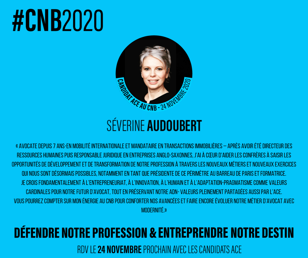 ACEavocats's tweet photo. 👉Découvrez Séverine Audoubert, candidate pour l'ACE aux élections du 24 novembre au Conseil National des Barreaux ! 🚀
#CNB2020 #JeVoteACE https://t.co/ErLzwxP9UB