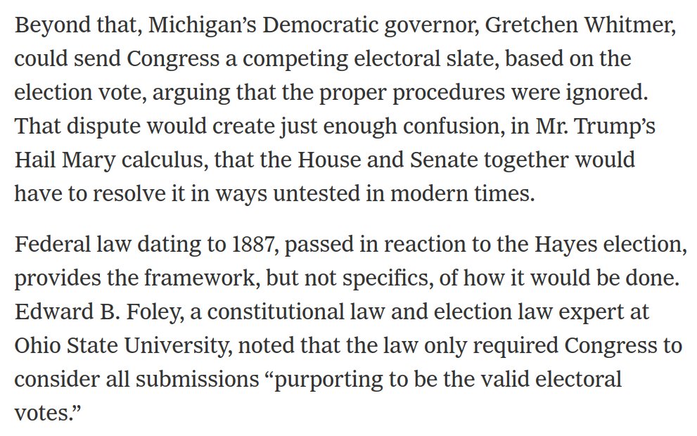 1) Here's a question for legal experts about Trump's ongoing efforts to steal the election.This  @SangerNYT piece gets at a key point. Trump would need *multiple* GOP state legislatures to all appoint electors in defiance of their state's popular vote: https://www.nytimes.com/2020/11/19/us/politics/trump-election.html