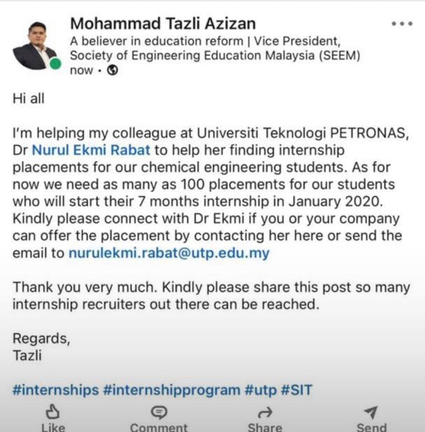 M S On Twitter Hello I Need Everyone S Help To Spread This As Much As Possible 100 Of My Chemical Engineering Seniors From Universiti Teknologi Petronas Still Do Not Have Their Internship Placement Please Rt So