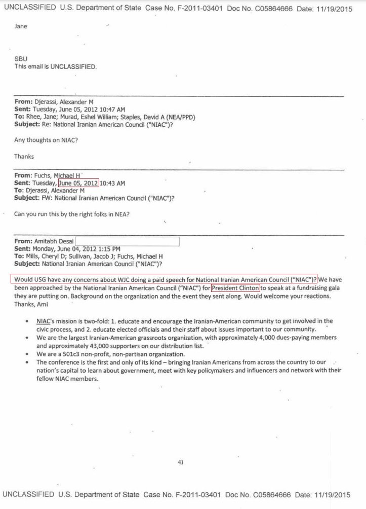 7)The ties between the Obama State Dept. with NIAC were so strong that NIAC sought their advice on former U.S. President Bill Clinton doing a paid speech at a fundraising event.Yes—Iran seeking to pay the Clintons.And Obama State Dept. had no problem with it.