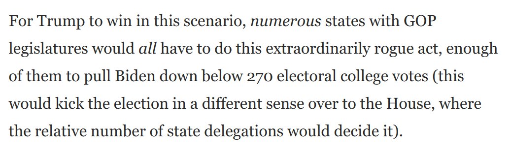 3) So  @SangerNYT says Trump's only way forward it to get GA and AZ to do it (both have GOP governors). But even then he'd still need at least 1 more from a state with a Dem governor.He needs at least 3 states to do this to get Biden's total below 270: https://www.washingtonpost.com/opinions/2020/11/11/no-hail-mary-plan-trump-isnt-going-work/