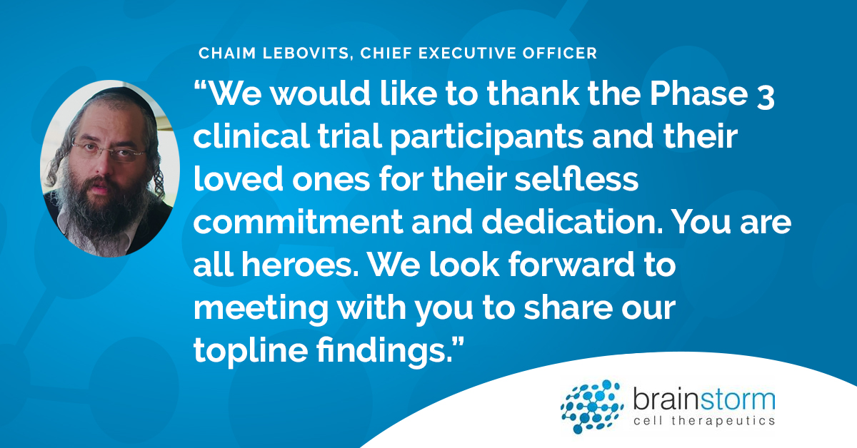 BrainstormCell's tweet photo. We are grateful to each of the Phase 3 trial participants. Next week, we will host a meeting to share topline results and answer your questions. Your clinical trial site will be reaching out to you with details. #EndALS https://t.co/suFvdkV4EH