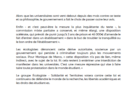 ecologistesenat's tweet photo. Non à la loi de programmation de la recherche : 

Nous dénonçons un budget insuffisant et des dérives liberticides ⤵️

#LPPR #DirectSenat https://t.co/dzo9DSo1sn