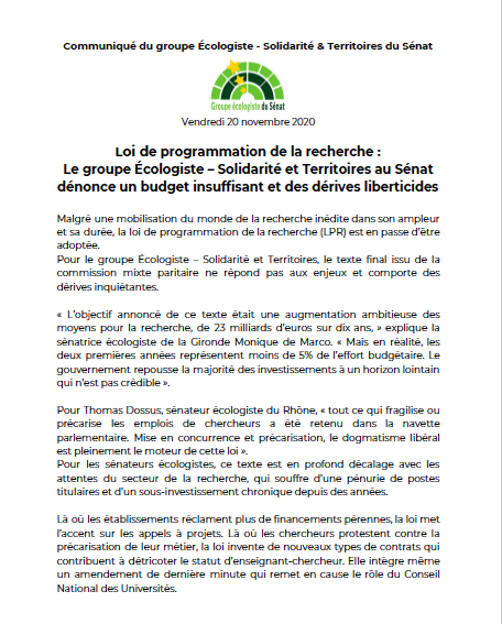 ecologistesenat's tweet photo. Non à la loi de programmation de la recherche : 

Nous dénonçons un budget insuffisant et des dérives liberticides ⤵️

#LPPR #DirectSenat https://t.co/dzo9DSo1sn