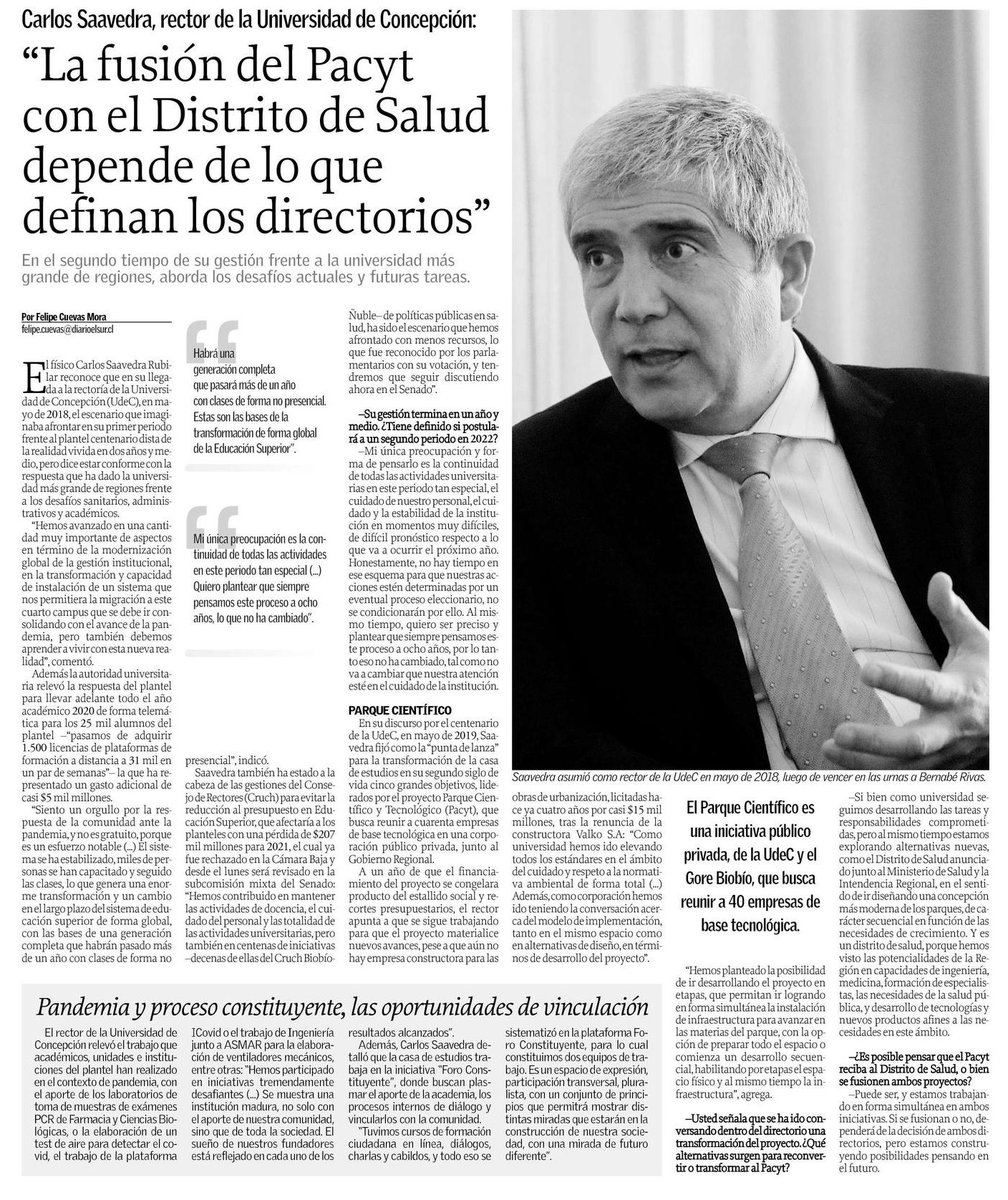 #PrensaUdeC: El Rector #UdeC, Dr. Carlos Saavedra, abordó como ha sido hacer frente a la crisis sanitaria y precisó el estado del proyecto <a href="/PACYTbiobio/">PACYT Biobío</a> 

Hoy en <a href="/elsurcl/">Diario El Sur</a>
