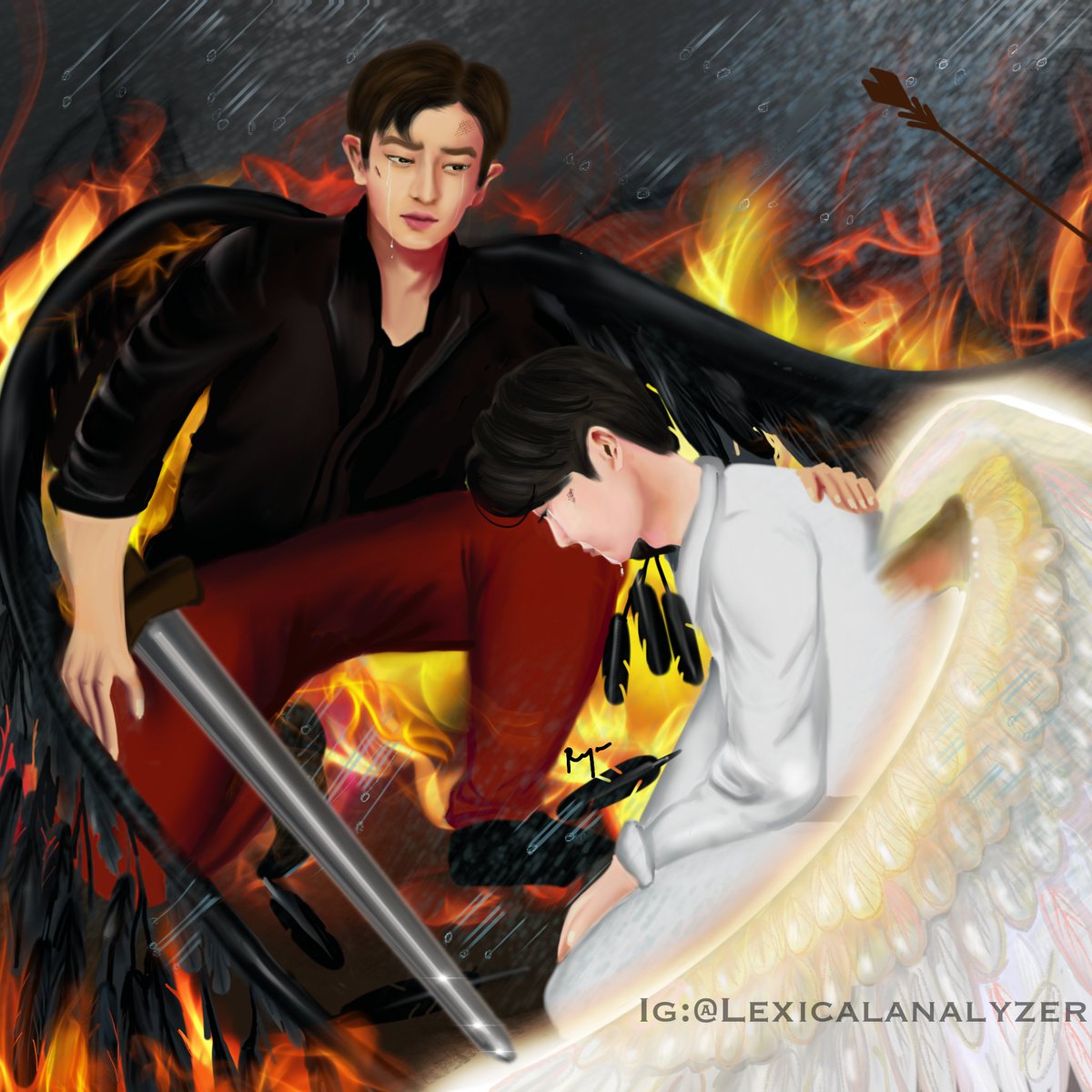 syntaxanalyzer's tweet photo. Hello, here is my suyeol fanart for @effective_fest ｡◕‿◕｡ 
Prompt : (self prompt) Angel Junmyeon and Demon Chanyeol https://t.co/qT8oho66vx