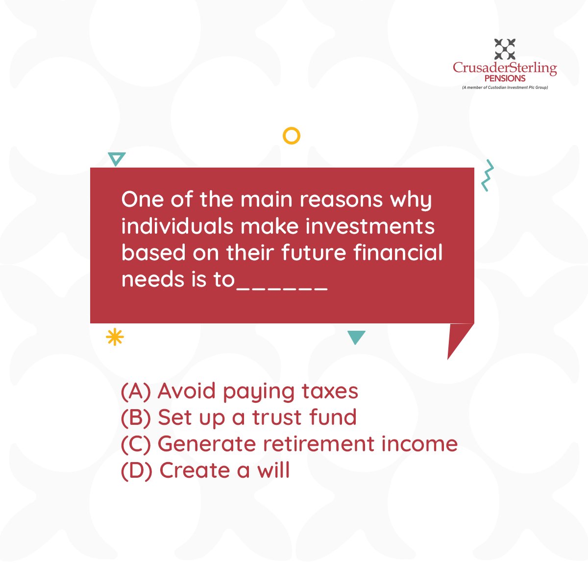 CSPensions's tweet photo. Guess the correct answer and stand a chance to win airtime?

How to win: 
1. Retweet 
2. Tag 3 friend to follow @cspensions 
3. Drop your answers in the comment section.

#CrusaderSterlingPensions #BeTheRealMVP #LiveALifeOFValue #FridayTrivia https://t.co/ZKSyYRMoMI