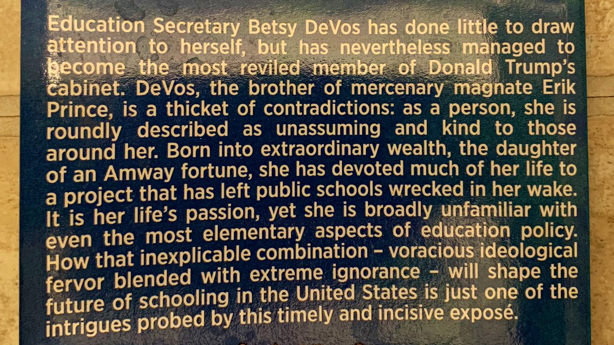 Photo of back blurb from a book on Betsy DeVos.
