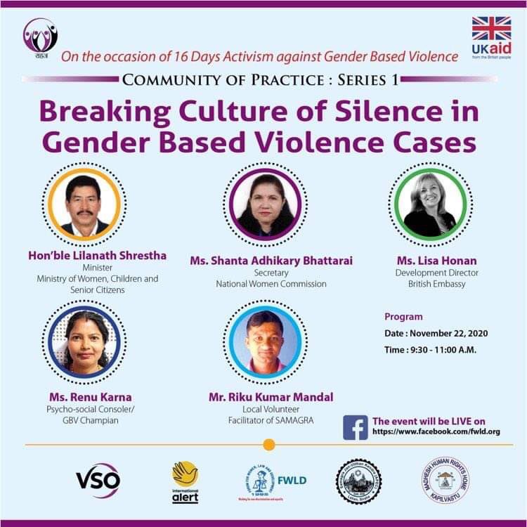 VSONepal's tweet photo. Marking 16 Days of Activism!
Please share and join Community of Practice- series 1 with the theme “Breaking the culture of Silence in Gender based violence cases”..
#VSO #VSONepal #16DaysOfActivism #16days #SAHAJ #FWLD #GBV #BreakingTheCultureOfSilence #SocialNorms #FCDO #CoP https://t.co/HO8dqVQ8fn
