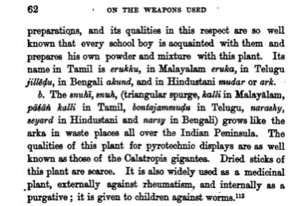 “The snuhi plant Those like Arka invest places all over the Indian peninsula. The qualities of this plant for pyrotechnic displays are as well known as those of Calotropis gigantea.”