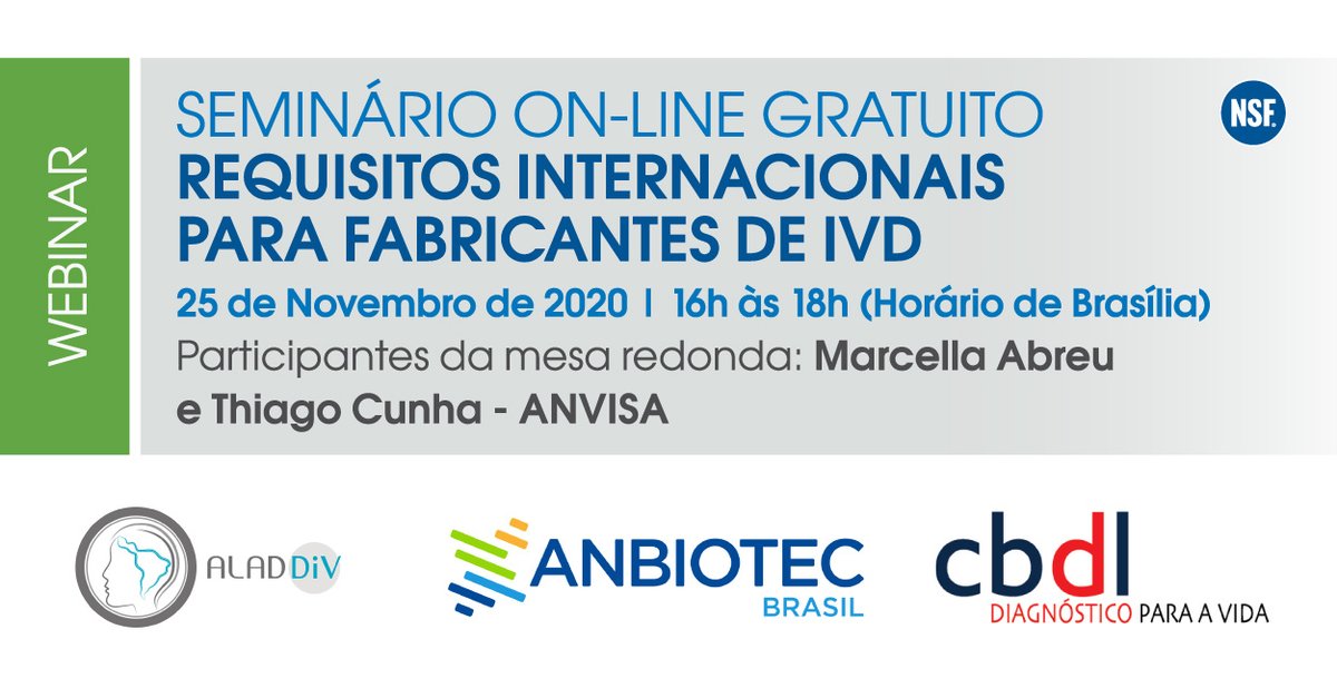 Participe do seminário com a NSF International e as associações ALADDiV, <a href="/anbiotecbrasil/">Anbiotec Brasil</a> e CBDL e fique sabendo sobre as mudanças relevantes para empresas exportadores e importadores.  
 
Link para inscrição: www2.nsf.org/l/129231/2020-…