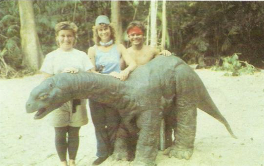 For some scenes, dinosaur suits were used. 3 different people wore them, Paula Crist, Richard Aguirre, & Terri Girvin. All were the same height, 4'6" so they could share the suit. The adult dinosaur suits were proportionally scaled to their frame & filmed on miniature sets.