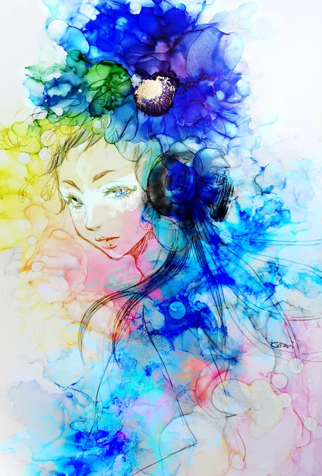 ここ最近はアルコールインクで遊んでる。うまくイラストに使いたいんだけどまだまだ難しい。習作。 