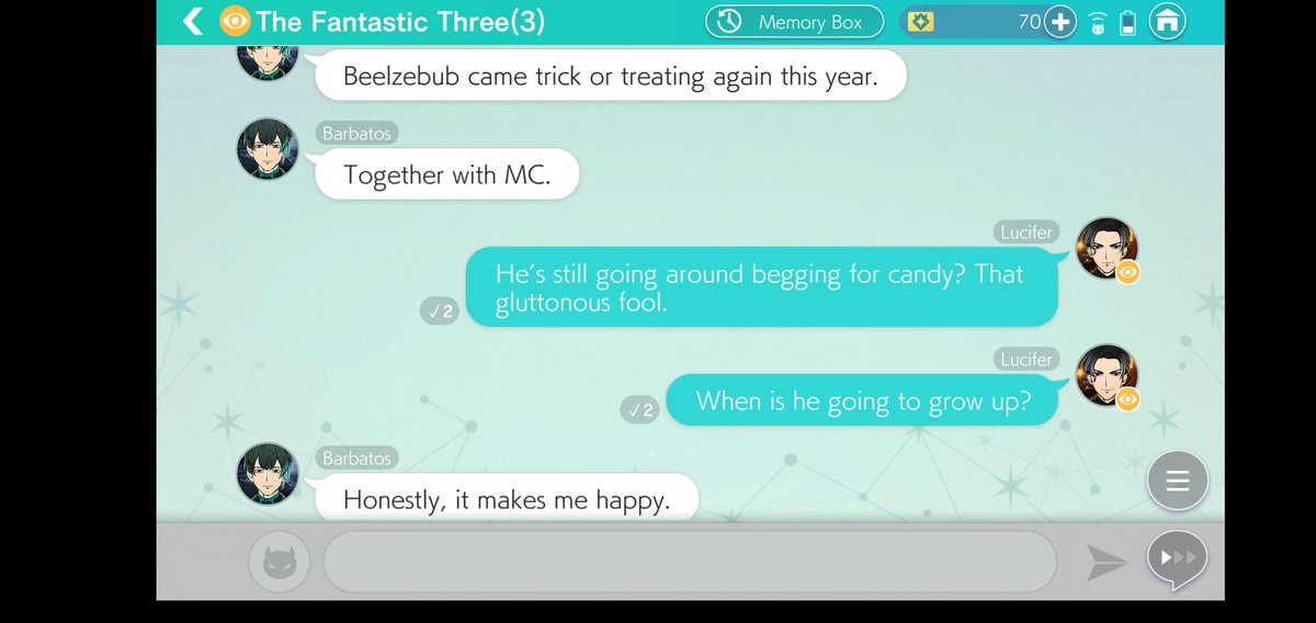 RachelV999's tweet photo. Halloween and other holidays makes me feel like a kid again and i enjoy that feeling.
Card: Trick or Treat.
Chat: Don't Forget Your Sense of Childlike Wonder.
#ObeyMe #ObeymeLucifer #ObeymeBeelzebub #ObeymeBarbatos #ObeymeDiavolo #ObeymeTheFantasticThree https://t.co/0NcC2oBpuw