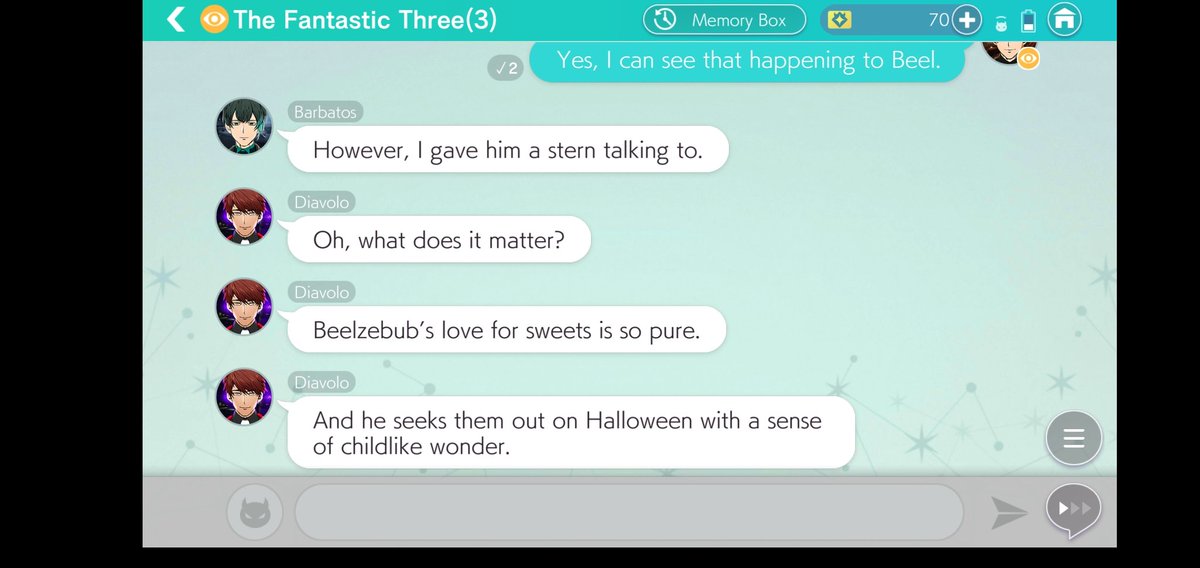 RachelV999's tweet photo. Halloween and other holidays makes me feel like a kid again and i enjoy that feeling.
Card: Trick or Treat.
Chat: Don't Forget Your Sense of Childlike Wonder.
#ObeyMe #ObeymeLucifer #ObeymeBeelzebub #ObeymeBarbatos #ObeymeDiavolo #ObeymeTheFantasticThree https://t.co/0NcC2oBpuw