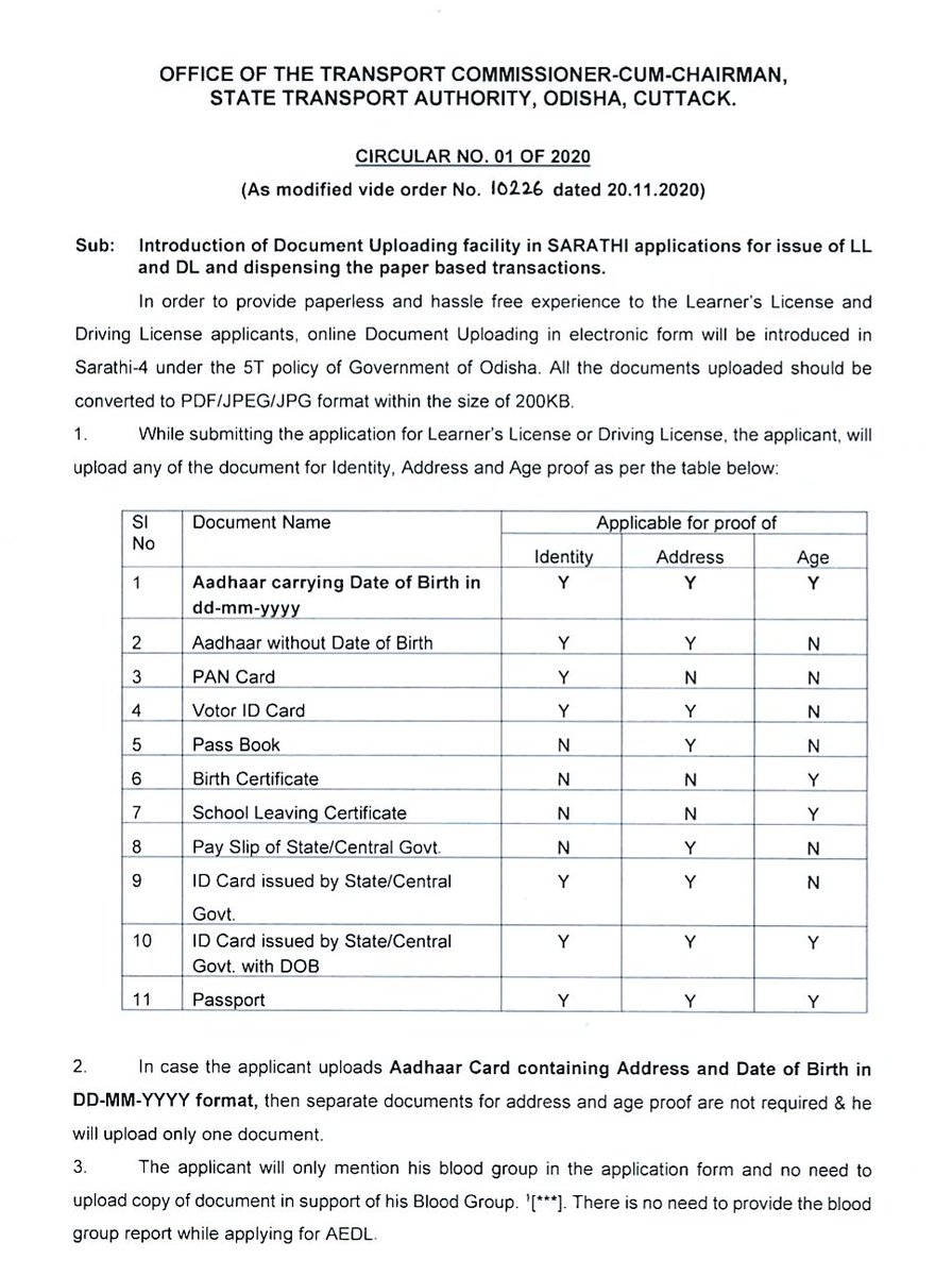 STAOdisha's tweet photo. LL applicants need not produce the blood group report at the time of documents verification even if it is mentioned in the acknowledgement slip and appointment slip to produce the same. https://t.co/PbLTpzfnUD