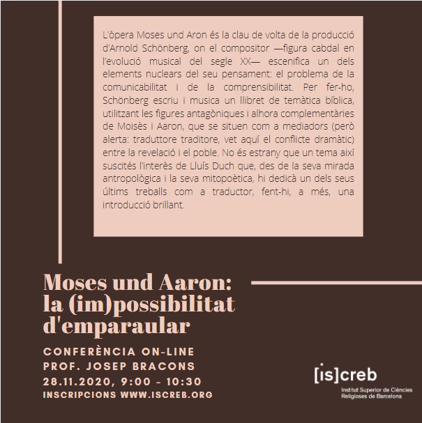 iscreb's tweet photo. Benvolguts us convidem a tots a aquest nova conferència emmarcada dins del Diploma de Mitologia i Simbologia. #Moses und #Aaron: la impossibilitat d'#Emparaular. Inscripcions per seguir-la en català: https://t.co/eDPiW6keI1  #òpera #música #Schönberg https://t.co/mUBrCOY7IQ