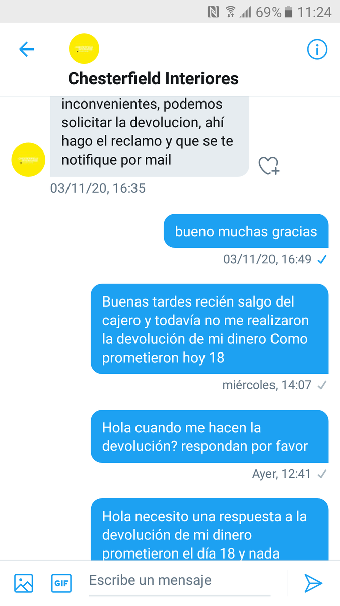 roxana37746237's tweet photo. @tuQuejaSuma @interiorchester estoy mandando msj desde el día 18 que supuestamente me iban hacer la devolución de mi dinero y no contestan la verdad que son terribles mentirosos https://t.co/0O6FFaFxhV