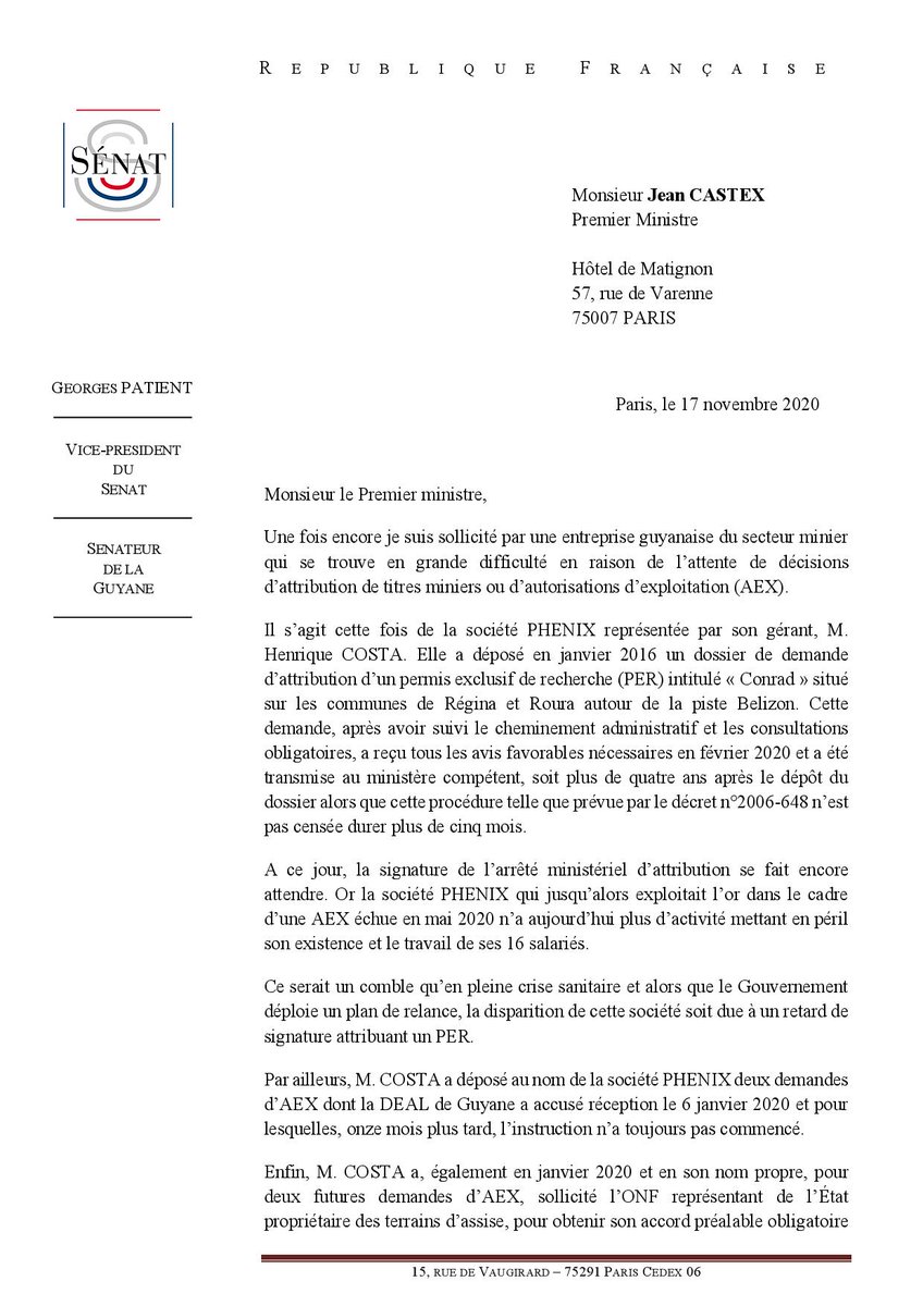 GeorgesPatient's tweet image. J'ai écrit cette semaine à @JeanCASTEX pour dénoncer les lenteurs administratives, l'arbitraire et l'absurde bureaucratique auxquels sont confrontées les entreprises minières de #Guyane. Cet excès de zèle fait le jeu des garimpeiros et leur laisse le champ libre. #Intolérable