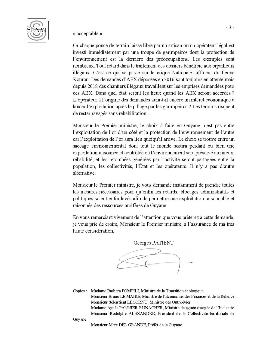 GeorgesPatient's tweet image. J'ai écrit cette semaine à @JeanCASTEX pour dénoncer les lenteurs administratives, l'arbitraire et l'absurde bureaucratique auxquels sont confrontées les entreprises minières de #Guyane. Cet excès de zèle fait le jeu des garimpeiros et leur laisse le champ libre. #Intolérable