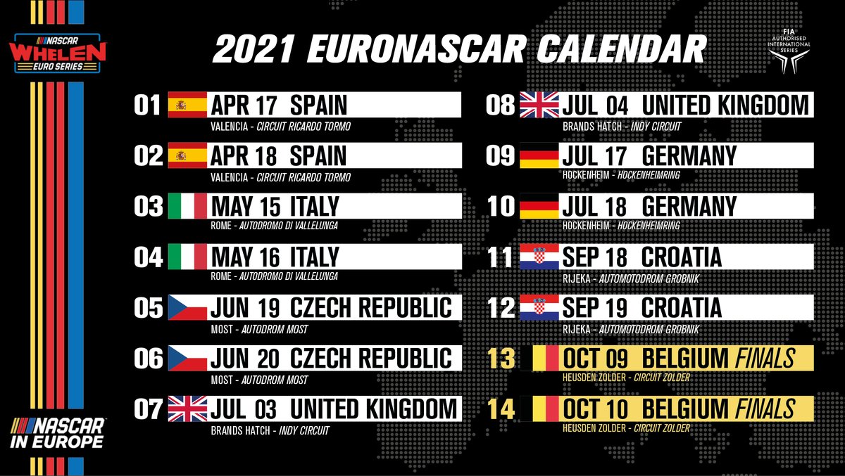BREAKING: the 2021 NWES Calendar is OUT! #NASCAR Road Course Racing at its best! 👉 bit.ly/3lK2SQe

Apr 17-18 🇪🇸
May 15-16 🇮🇹
Jun 19-20 🇨🇿
Jul 03-04 🇬🇧
Jul 17-18 🇩🇪
Sep 18-19 🇭🇷
Oct 09-10 🇧🇪

#NASCAR #EuroNASCAR #PureRacing #NWES
