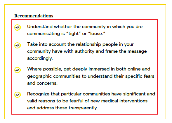 "Where possible, get deeply  #immersed in both online & geographic communities to understand their specific fears & concerns""Recognize that particular communities have significant & valid reasons to be fearful of new medical interventions & address these transparently"[p 33]