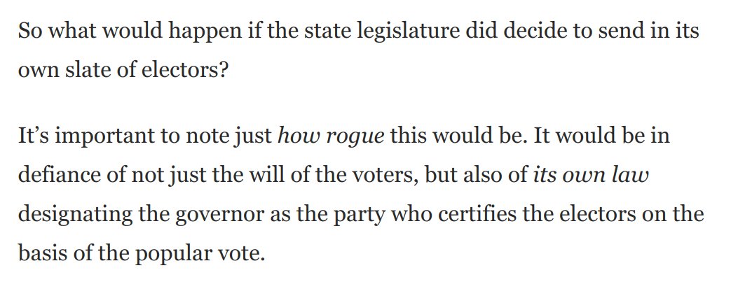 CODA: But let's not lose sight of just how insanely corrupt it would be for even one legislature to do this, and how unforgivable it is that Trump is demanding it *and* that many Republicans would be totally fine with him stealing the election this way: https://www.washingtonpost.com/opinions/2020/11/11/no-hail-mary-plan-trump-isnt-going-work/