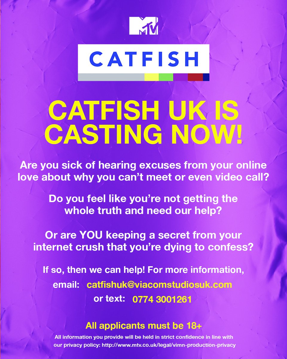 😻 MTV Catfish UK is CASTING NOW! 😻
You can apply for Catfish UK here: mtv.co.uk/catfish/apply
text: 07743001261
email: catfishuk@viacomstudiosuk.com