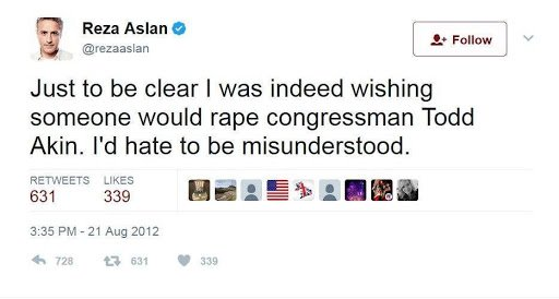 18)A look at some of Aslan’s latest tweets.This is who Sen. Warren expressed her gratitude to.For the record, Aslan was forced to delete that last tweet.However, these are quite telling of his character.
