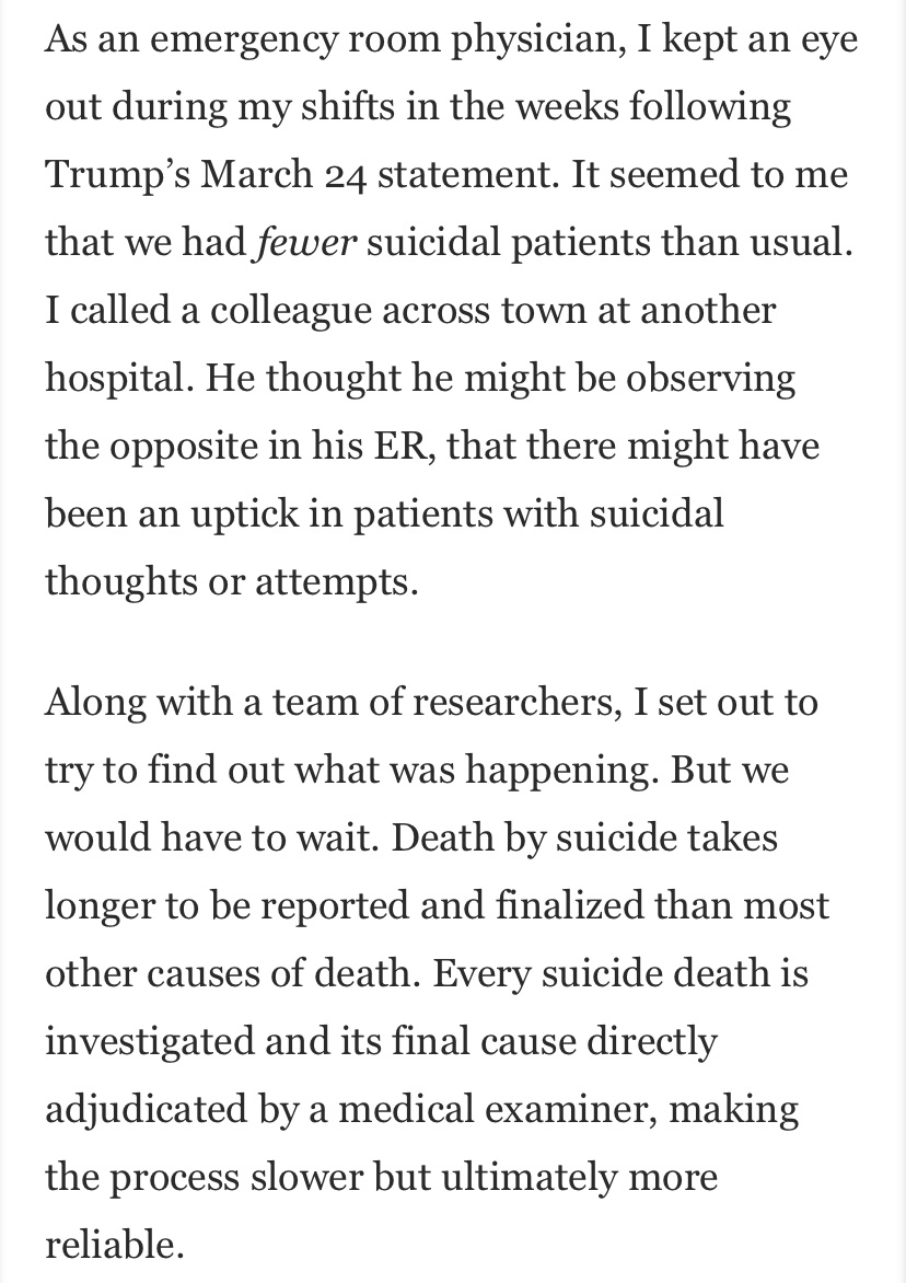 ‘Many well-informed and well-meaning people fell for the cognitive trap that if something rings true, it must be true — and thus assumed that suicide deaths were destined to rise during shutdowns.’ https://www.washingtonpost.com/opinions/2020/10/21/suicide-rates-pandemic-unchanged/