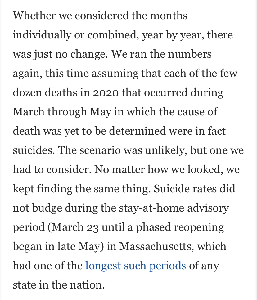 ‘Many well-informed and well-meaning people fell for the cognitive trap that if something rings true, it must be true — and thus assumed that suicide deaths were destined to rise during shutdowns.’ https://www.washingtonpost.com/opinions/2020/10/21/suicide-rates-pandemic-unchanged/