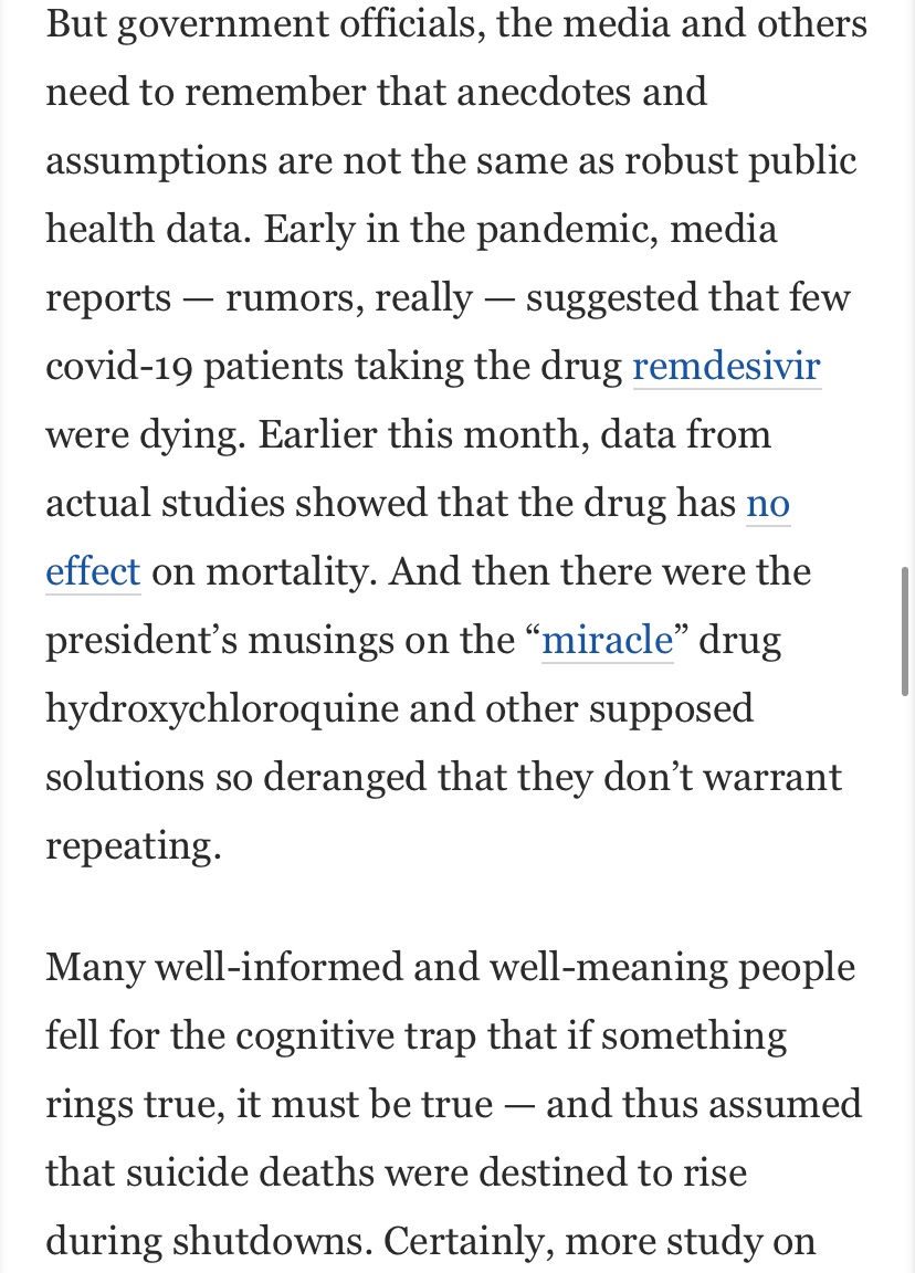 ‘Many well-informed and well-meaning people fell for the cognitive trap that if something rings true, it must be true — and thus assumed that suicide deaths were destined to rise during shutdowns.’ https://www.washingtonpost.com/opinions/2020/10/21/suicide-rates-pandemic-unchanged/