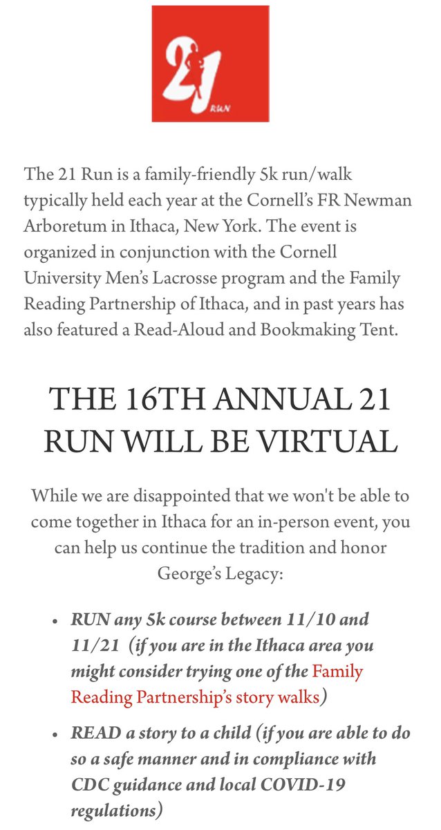 CornellLacrosse's tweet photo. Final weekend to register for the Virtual 21 Run!
Click: https://t.co/rDcrAweefj to register, learn more about George, or visit the @msgbfoundation webstore.
All proceeds benefit @_familyreading, a local nonprofit promoting pathways to literacy. #GB21 #FTK #21Run #WD>WS #LGR https://t.co/n4HGJ2gA5C