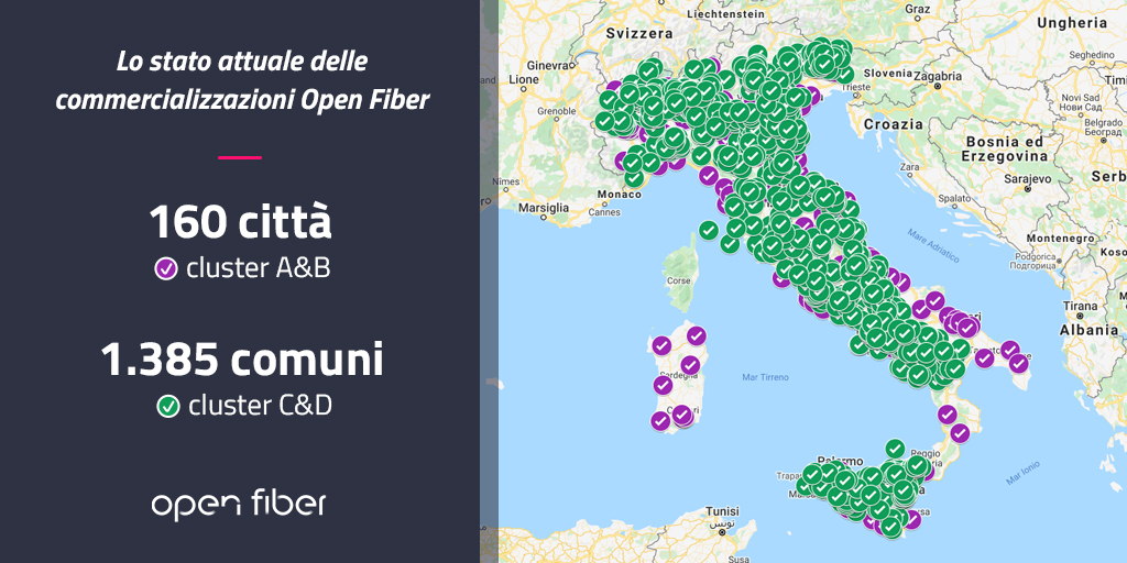 1385 Comuni e 160 città in commercializzazione in Italia: prosegue il piano di digitalizzazione di #OpenFiber attraverso un’infrastruttura realizzata interamente in #fibraottica #FTTH.