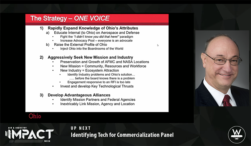 wbiinnovates's tweet photo. With one voice "Everyone becomes an advocate of the Ohio aerospace ecosystem."@GovMikeDeWine Joe Zeis talks about the framework, tasks, strategies that grow the workforce, expand/protect/defend federal installations, & build synergies w/ national labs. @JobsOhio #impactweek2020 https://t.co/Q4JMZvWLC9