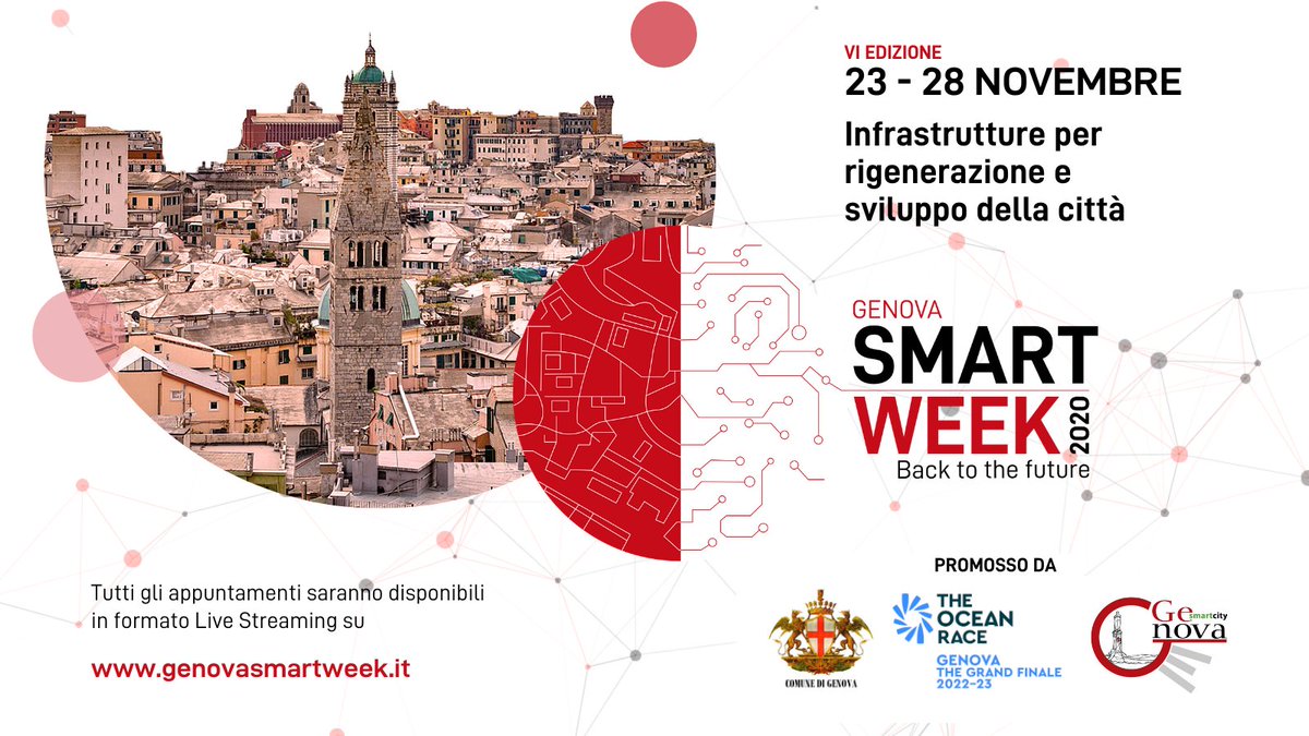 ComunediGenova's tweet photo. 🗓️Dal 23 al 28 novembre si volgerà la sesta edizione della #GenovaSmartWeek!
Una settimana di appuntamenti in live streaming per confrontarsi su politiche, tecnologie e infrastrutture per la rigenerazione e lo sviluppo della Città.

👉 https://t.co/7yHmjBQtwG https://t.co/LIj6koHLD8