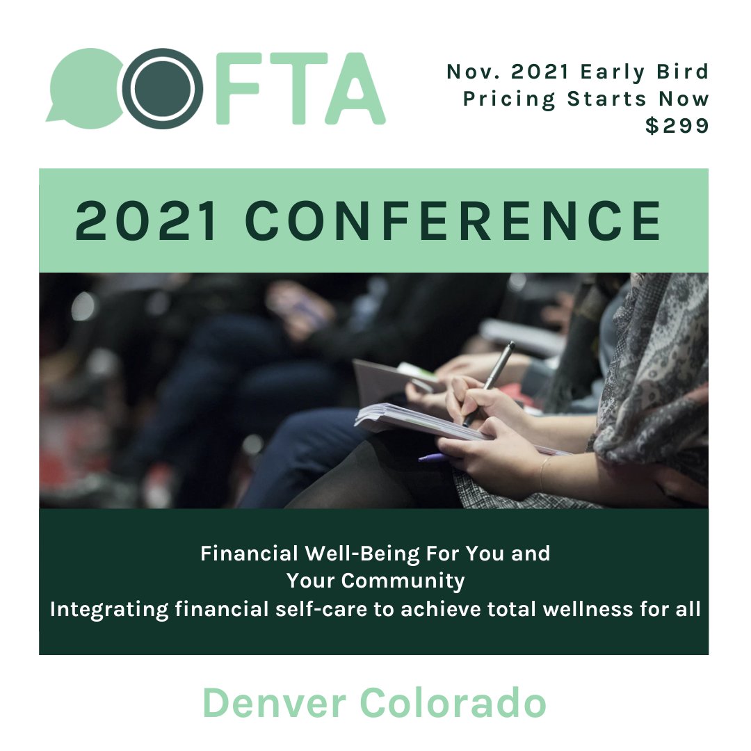 FinTherapyAssoc's tweet photo. Early Bird pricing now available for the 2021 conference! It's going to be a great conference so save yourself some money and register today!
#financialtherapy #fintherapy https://t.co/FeJbfrAkDT