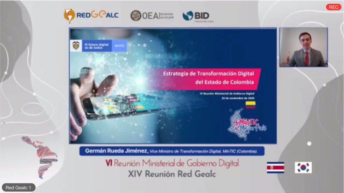 OEA_GestionPub's tweet photo. Ha iniciado el día 3 de la VI Reunión Ministerial de Gobierno Digital de las Américas. Presenta #Colombia Viceministro Germán Rueda @Ministerio_TIC @GermanRueda @GobDigitalCO #MinisterialGealc2020 SÍGUELO ➡️➡️ https://t.co/wlZRN16DBB https://t.co/Jo3V7sRchp