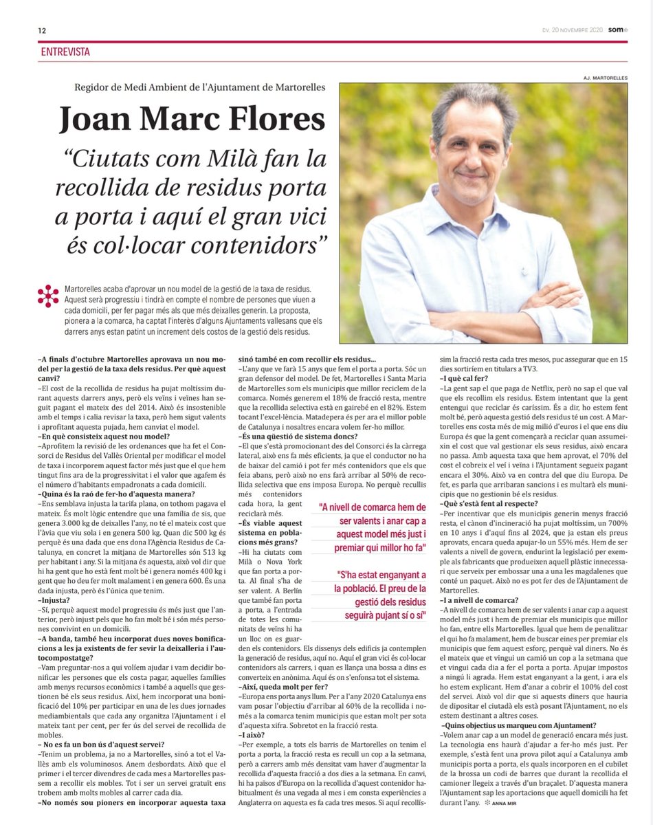 ERCmunicipal's tweet photo. 🗣️ [ENTREVISTA] Joan Marc Flores, regidor de Medi Ambient a @ajmartorelles, al diari #SomMartorelles: "A nivell comarcal hem de ser valents, anar cap al model de recollida de residus porta a porta, que és un model més just, i premiar qui millor ho fa" ♻️ #MunicipisRepublicans https://t.co/6gUTcajOM2