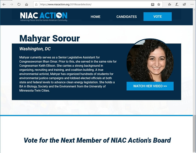 22)NIAC members have also gained foothold in the House of Representatives. @mahyarsorour is the Senior Legislative Assistant to Rep.  @IlhanMN. Sorour was a candidate for NIAC Action's leadership board back in July 2019.