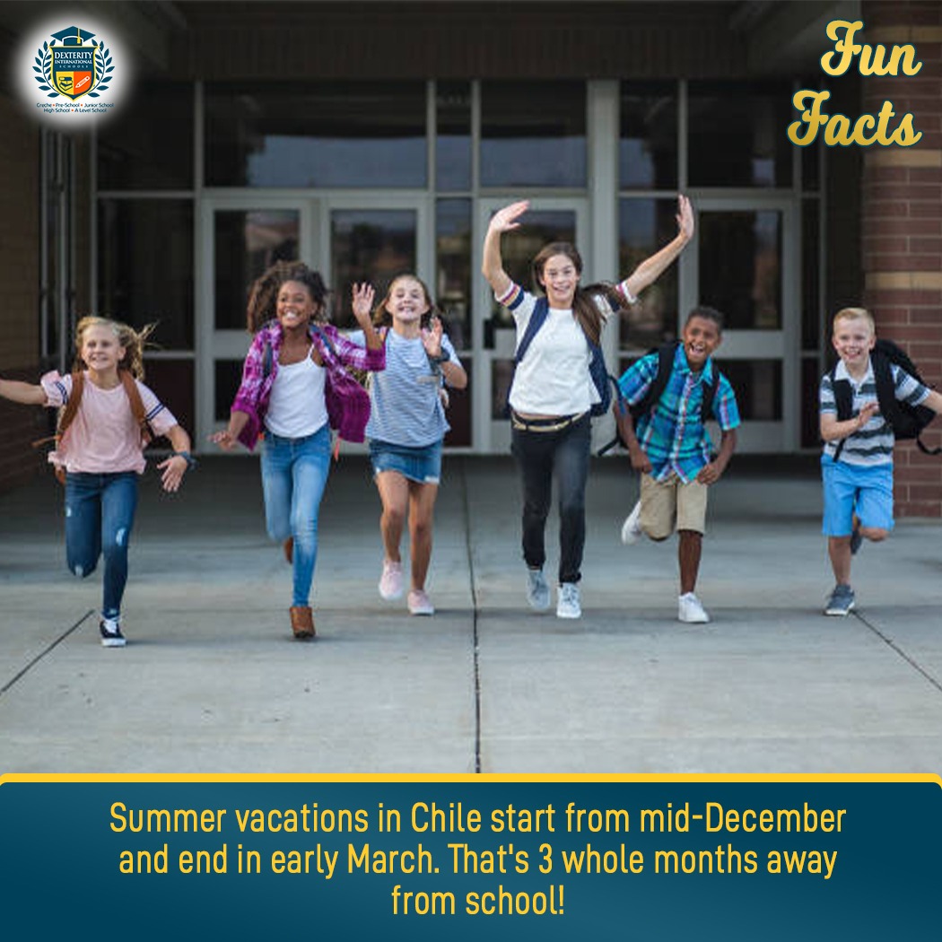dexterityschool's tweet photo. DID YOU KNOW?

Summer vacations in Chile start from mid-December and end in early March. That's 3 whole months away from school!

#TGIF #funfact #funfriday #learning #education #elearning #schools #dexterityschools https://t.co/hR7hnZVOQ7