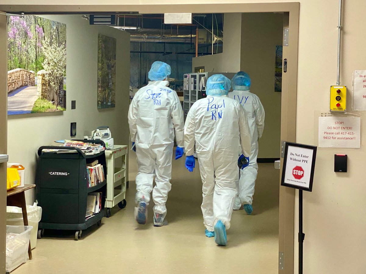 SDECoxHealth's tweet photo. What are you wearing to work today?  This is our staff dressing out for work in a COVID ICU. Undaunted, they do this every day, and will continue doing so. Please do your part- mask, distance, avoid even small gatherings. Please stay safe. https://t.co/wcWtqVzEs1
