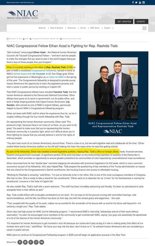 23) @ethanazad is a staff member of  @RepRashida who handles a "broad legislative portfolio, helping Tlaib’s office on foreign affairs… and government oversight."