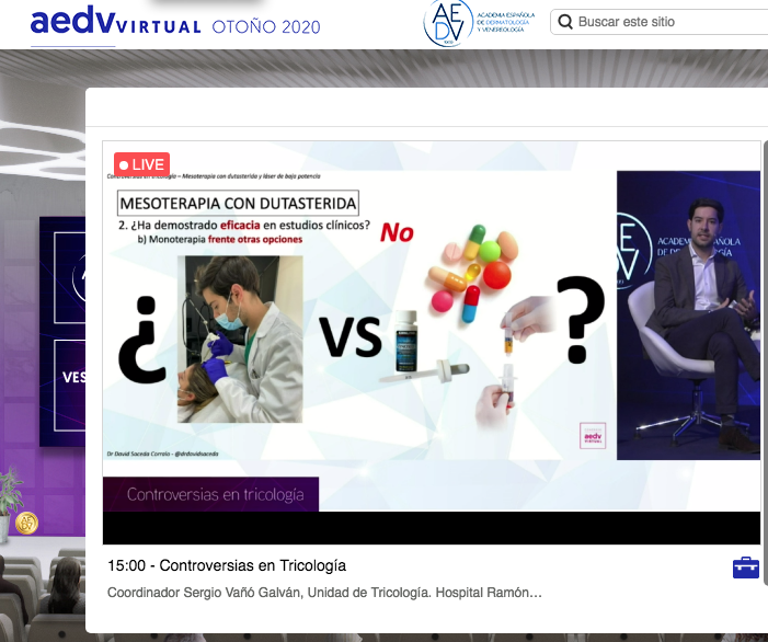 aedv_es's tweet photo. #AEDVIRTUAL2020 
📽️ Controversias en #Tricología sobre ¿Son efectivas las nuevas terapias para alopecia androgénica: microinyecciones de #dutasterida y láser
de baja potencia?
📛En contra Dra. Guerra  
✅A favor Dr. @Desaze  
♾ ¡Conéctate! https://t.co/2izsQroFZI https://t.co/Kk6c52ProY