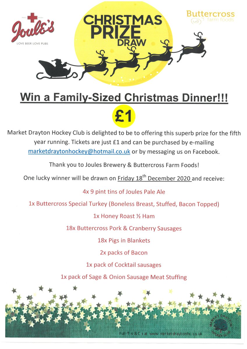 Our 2020 Christmas Prize Draw is live, with some amazing <a href="/joulesbrewery/">Joule's Brewery</a> and <a href="/buttercrossmeat/">ButtercrossFarmFoods</a> prizes to be won!
Tickets are just £1 and can be purchased by direct message on Facebook/Twitter, or by e-mailing: marketdraytonhockey@hotmail.co.uk