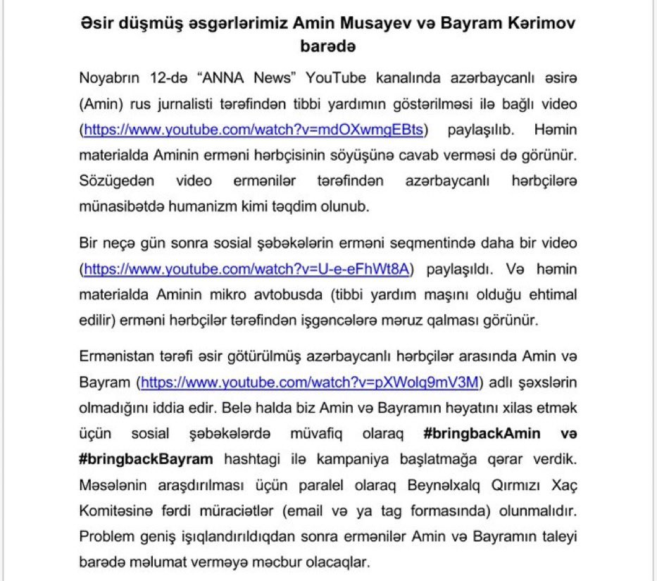 alicanvaa's tweet photo. Əsir düşmüş əsgərlərimizi xilas etmək üçün barədə kampaniya başladılıb #bringbackBayram #bringbackAmin https://t.co/ffWfj4dPDH