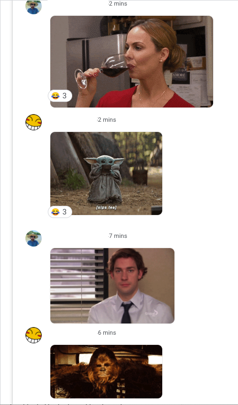 davidbates's tweet photo. Love working here. Today is our last Family Feud style tournament @OzmoApp for the year and the two team captains have been going at each other for some time in chat but only using Gifs. One team is star wars themed, the other the office! Here's a tiny static excerpt for you. https://t.co/S0HjDWNBF3