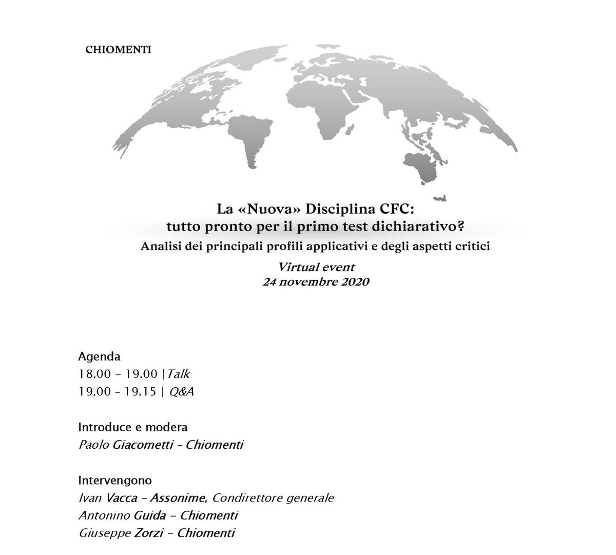 #savethedate 24 novembre 2020 (18 CET) webinar "La «nuova disciplina» CFC: tutto pronto per il primo test dichiarativo? Analisi dei principali profili applicativi e degli aspetti critici." Info qui: bit.ly/2Ks8z7K #Tasse #tributi #controlledforeigncompany